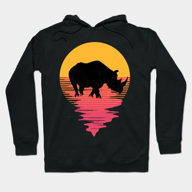 Retro Rhino On A 80's Sun Background Hoodie by iZiets